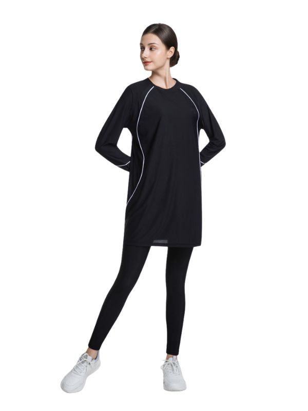 Modest Workout&Sport  Top Women – Long Sleeve Loose Fit Tunic, Full Coverage (Black)