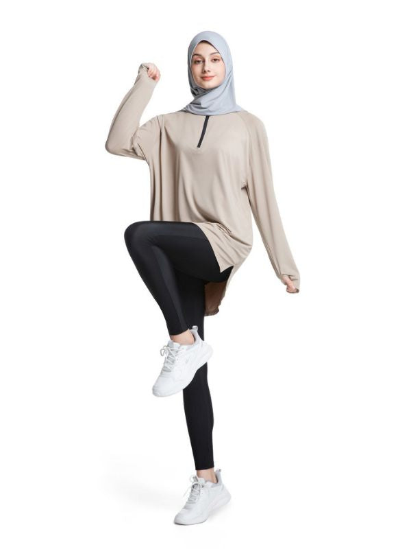 Modest Workout&Sport Top Women – Long Sleeve Loose Fit, Full Coverage (Khaki)