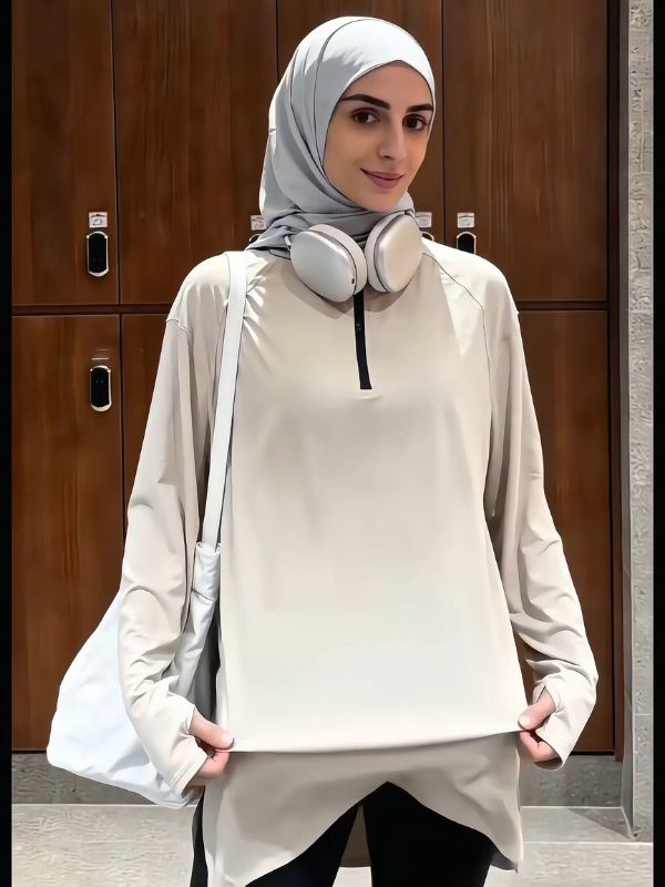 Modest Workout&Sport Top Women – Long Sleeve Loose Fit, Full Coverage (Khaki)