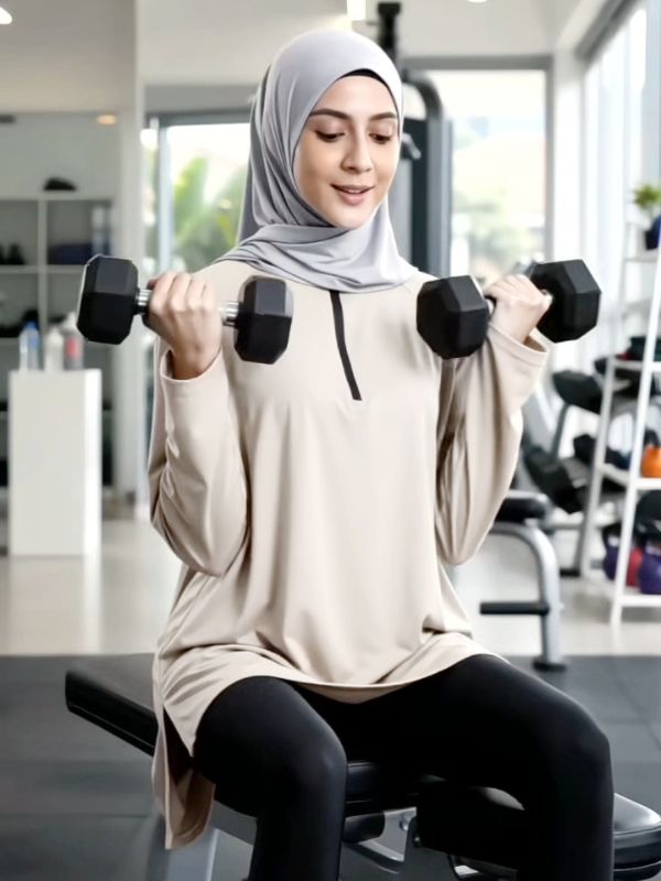 Modest Workout&Sport Top Women – Long Sleeve Loose Fit, Full Coverage (Khaki)