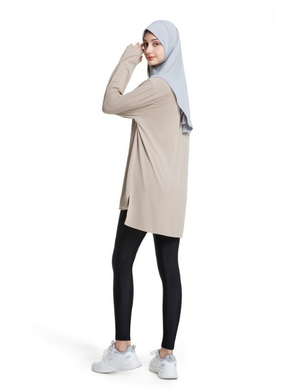 Modest Workout&Sport Top Women – Long Sleeve Loose Fit, Full Coverage (Khaki)