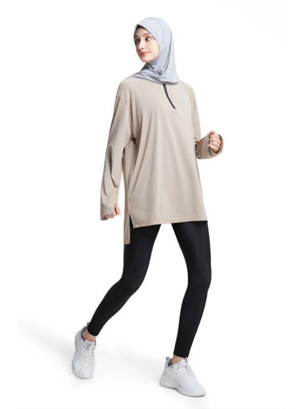 Modest Workout&Sport Top Women – Long Sleeve Loose Fit, Full Coverage (Khaki)